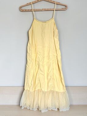 Vtg Y2K April Cornell 2000 Slip Dress Sz L Butter Yellow Rayon Tulle Ruffle Hem